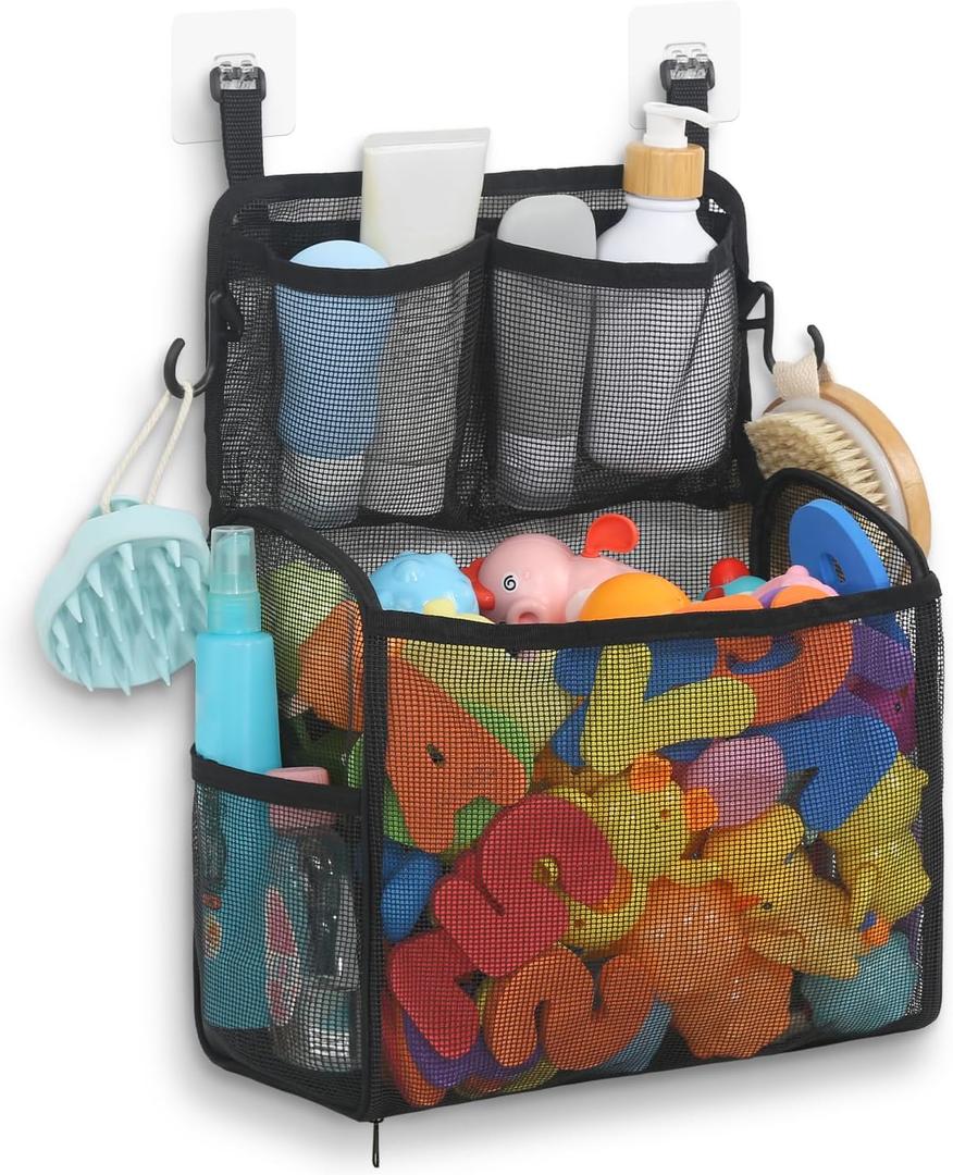 Goowin Bath Toy Storage Holder, Large Openings Bath Toy Organizer, Large Capacity Mesh Bathtub Toy Storage, Multi Use Bath Tub Toy Holder for Bathroom (Black)