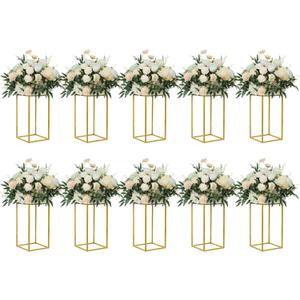 YALLOVE 10 Pcs 15.75" Gold Wedding Flower Stand Metal Vase Column Stand Geometric Centerpiece Vase for Home Party Wedding Decorations, Rectangular Flower Display Rack