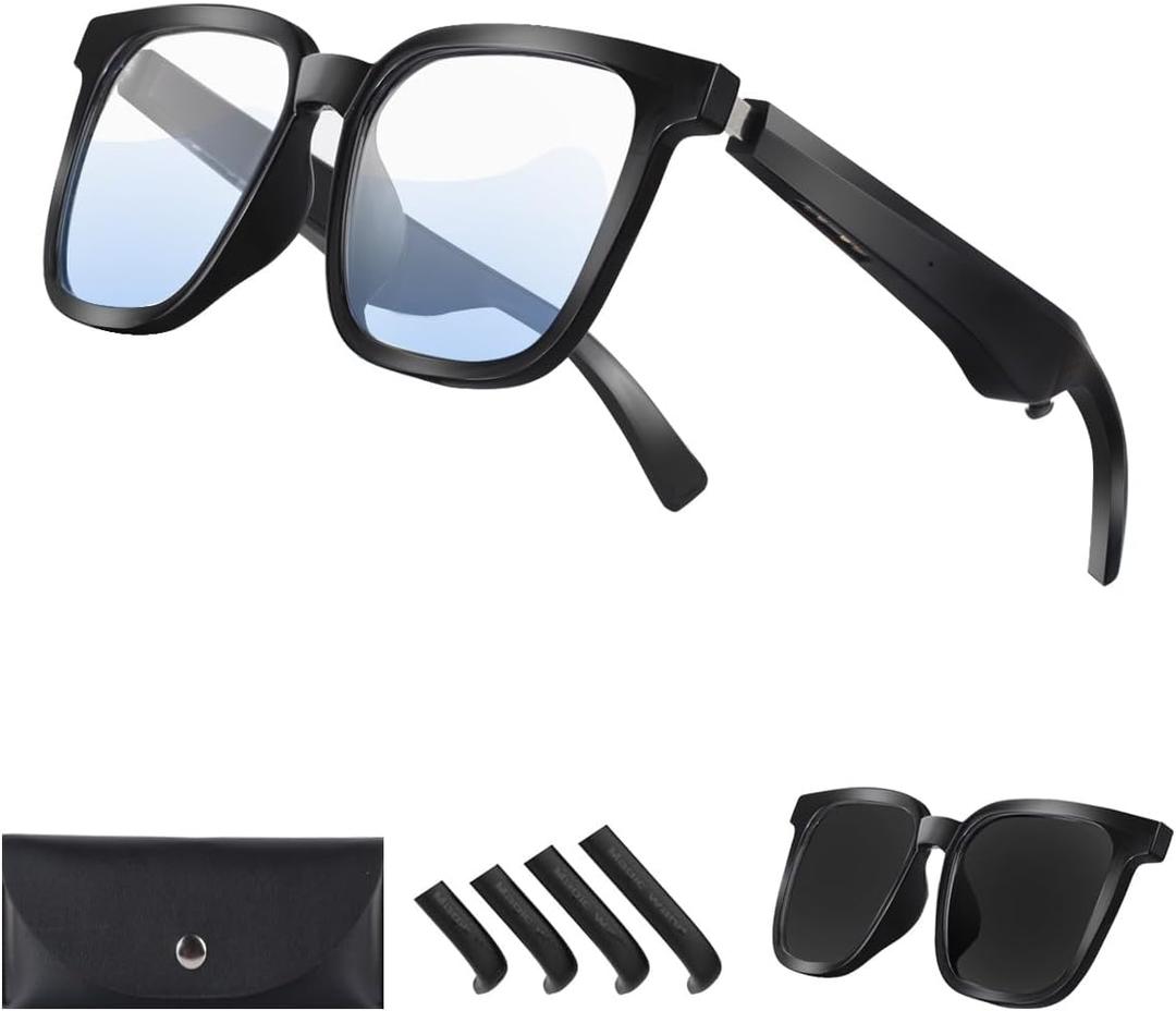 Bluetooth Audio Smart Sunglasses, Blue Light Glasses for Women Men, Open Ear Music, UV400 Polarized Lens,No Leaking Voice, Touch Control (Black+Transparent Lens)