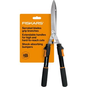 Fiskars Power-Lever Extendable Hedge Shears, Self-Sharpening Serrated Steel Blades for Clean Cuts, Handles Adjust 25"-33" for High Reach, Multiplies Leverage for 2x Power, 10" Blades, Orange/Black, 1-pack