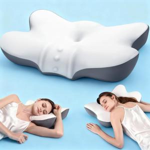2 x Cervical Neck Pillow with 2 Heights (5.31/3.54 in), Queen Size Bed Pillow with Cooling Pillowcase, Contoured Memory Foam Pillow for Side, Back & Stomach Sleepers, Ergonomic Pillow for Neck Pain Relief