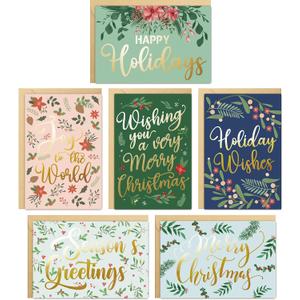 Spercy 24 Pack Gold Foil Christmas Card With Envelopes & Stickers, Holiday Season Greeting Cards for Family Friends, Xmas Greeting Cards And New Year Cards Bulk