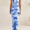 PRETTYGARDEN Wedding Guest Dresses for Women Summer 2026 One Shoulder Ruched Mesh Bodycon Cocktail Beach Floral Maxi Dress (Blue, M)