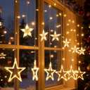 138 LED Plug in Star Curtain String Lights, 12FT 12 Clear Star Window Curtain Fairy Icicle Lights With 31V/8 Modes/Timer/Memory for Christmas Bedroom Party Indoor Outdoor Decorations-Warm White
