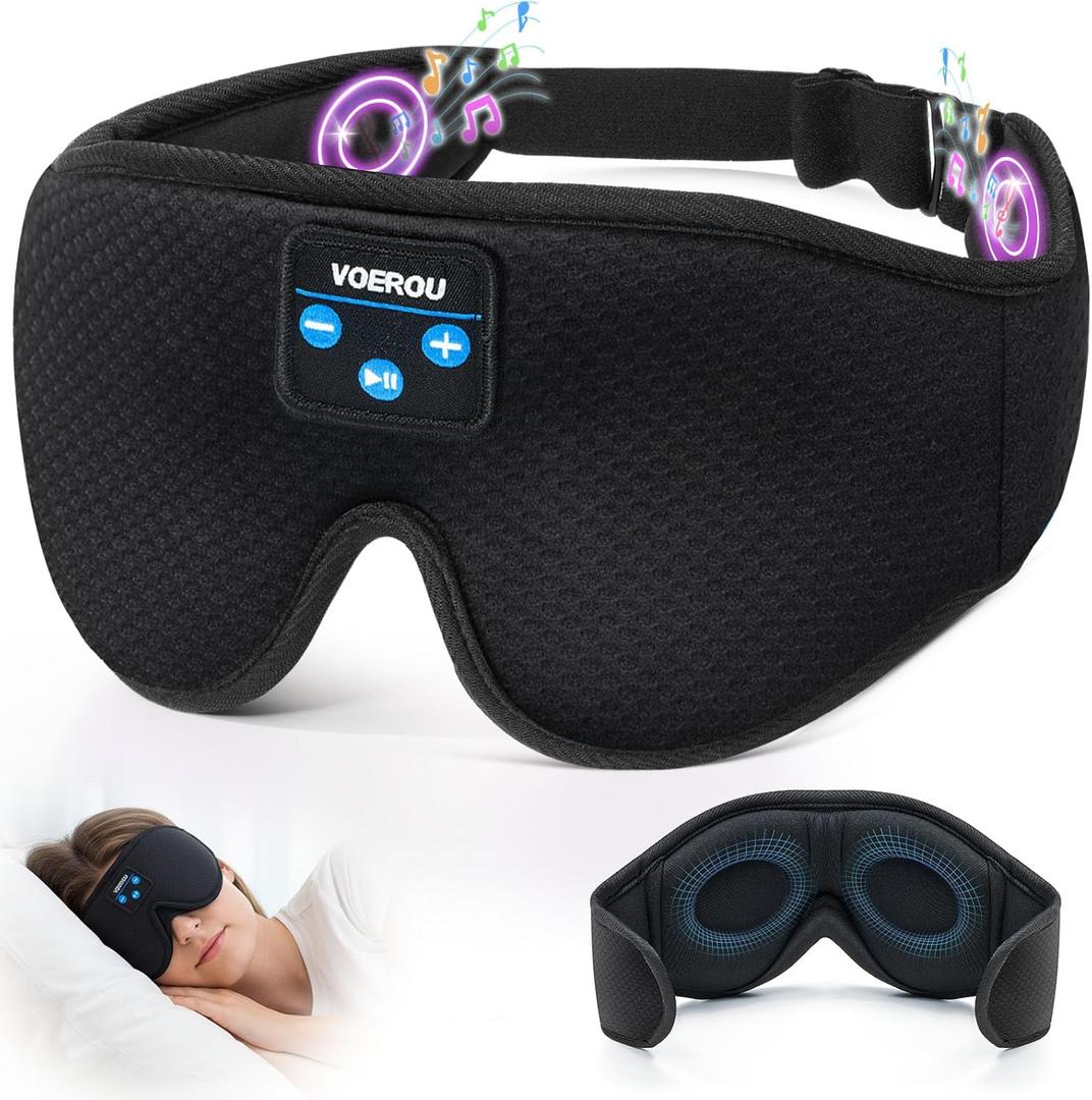 Voerou Sleep Headphones, 3D Bluetooth 5.4 Sleep Mask Wireless Eye Mask, Sleeping Mask with Bluetooth Headphones for Side Sleepers with Ultra-Thin Speakers, Perfect for Sleeping Travel Christmas Gifts (Light Black)