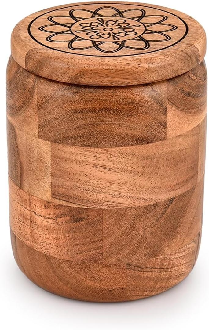 Kimona Food Jars & Canisters Acacia Wood round wooden storage jar with Lid for Keeping Cookies Pantry, Tea, Sugar, Coffee. (4.5" x 4.5" x 6")