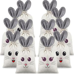 12 Pcs Easter Bunny Bags with Drawstring 7.9 x 10.2 In Furry Ears Rabbit Easter Egg Hunts Goody Candy Treat Gift Storage Bags Bunny Party Favors Gift Candy Egg Hunts Stuffer