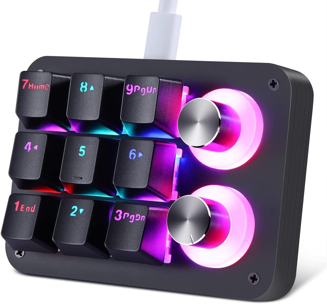 Koolertron 9-Key Mechanical Numpad with 2 Programmable Knobs, LED Backlit Macro Gaming Keyboard, Fully Customizable Numeric Keypad for PC