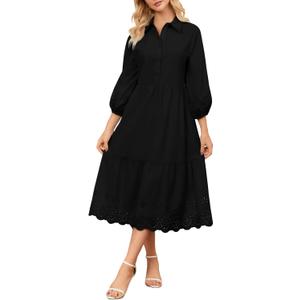 Ladyful Embroidered Eyelet Cotton Dress for Women Maxi 3/4 Sleeve Button Down Hollowed Out Flowy Midi Shirt Dress (Black, XL)