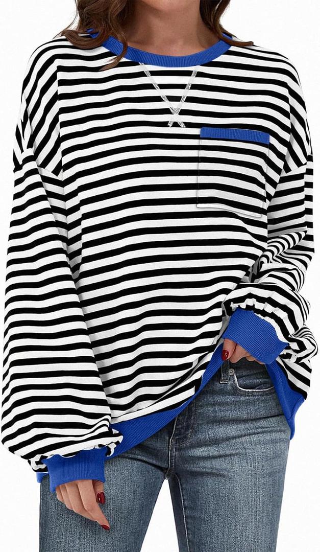 TARSE Oversized Crewneck Sweatshirt for Women Dropped Shoulders Striped Shirt Plain Pullover Ladies Loose Long Sleeve Tops (XL)