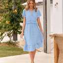 BTFBM Women Short Sleeve V Neck Swiss Dot Midi Summer Dresses 2024 Boho Ruffle Long Dresses Ruffle Wedding Guest Dress (Blue, S)