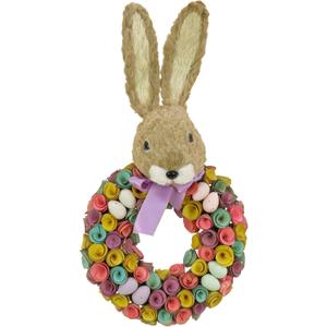 National Tree Company 24 in Artificial Easter Wreath Decorated with Colorful Wood Curl Flower Blooms, Pastel Eggs, Ribbon, Bunny Head, Indoor or Covered Outdoor Easter Decoration, Front Door Wreath