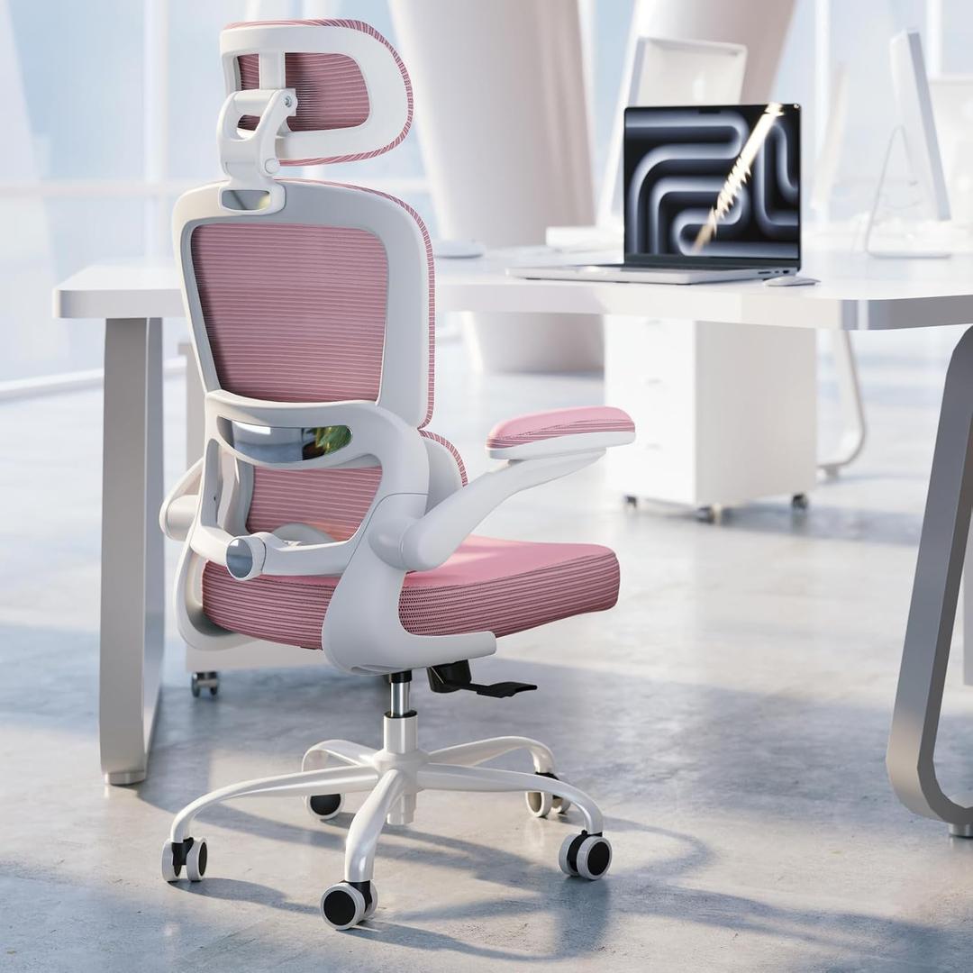 TRALT Ergonomic Office Chair - Desk Chair with Adjustable Headrest Lumbar Support Computer Chair - Mesh Comfy Chair with Flip-up Armrests - Gaming Chairs for Adults Home Office (Leather, Pink)