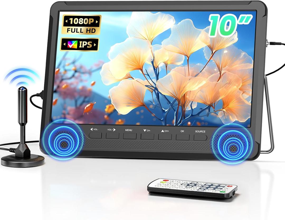 Desobry 10" Small Portable TV with Detachable Antenna, 1080P Mini TV with IPS Display, Support HDMI, USB, RCA, Built in Digital Tuner, AV Inputs, Dual Speaker and Remote Control