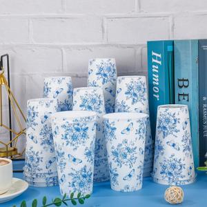 FYSUIMU 50 Pcs Blue White Floral Plastic Cups Chinoiserie Flower Butterfly Disposable Cups 16 oz Party Drinkware for Wedding Birthday Baby Shower Supplies