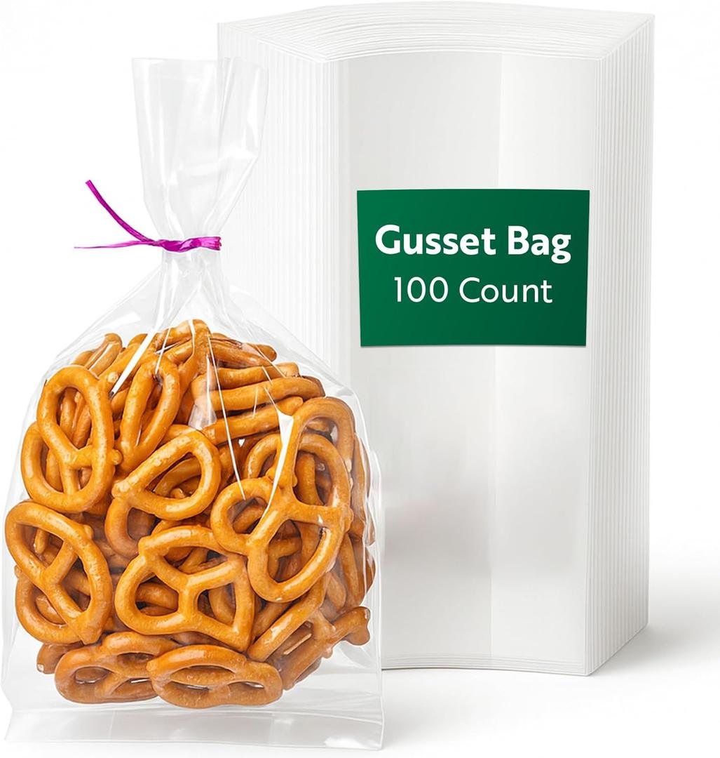 Restaurantware Bag Tek 4 x 2.3 x 8 Inch Gusset Bags 100 Heat Sealable Candy Bags - Food Safe Package Popcorn or Cookies Clear Plastic Treat Bags For Party Favors Snacks or Baked Goods