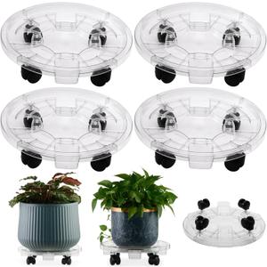 4 Packs 16 Inches Extra-large Clear Plant Caddy Plant Saucers on Wheels Rolling Plant Stands Heavy-duty Plant Dolly Plastic Planter Roller Base Pot Movers Outdoor Plant Tray Coaster