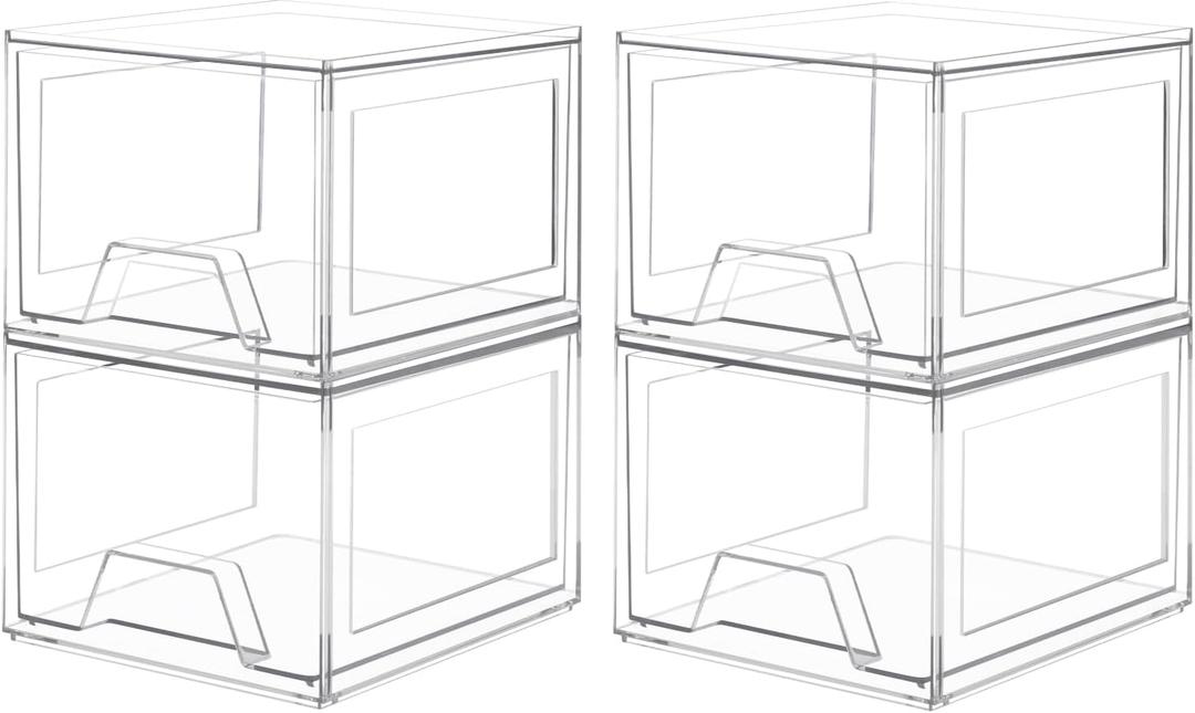 4 Pack Stackable Organizer Drawers, 4.4" Tall Clear Bathroom Makeup Organizer and Storage, Acrylic Small Organizers Bins for Vanity, Undersink, Bathroom, Pantry, Kitchen Cabinets (Clear-4 Pack)