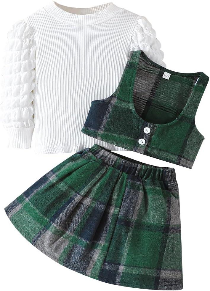 Toddler Girls Christmas Outfits Girls Puff Sleeve Knit Ribbed Tops Button Down Vest Plaid Skirt Set Winter Clothes (4T, Green)