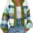 Saodimallsu Womens Striped Chunky Cardigan Sweaters Button Up Fall Trendy Color Block Long Sleeve Knit Sweater Coats (Large, Blue)