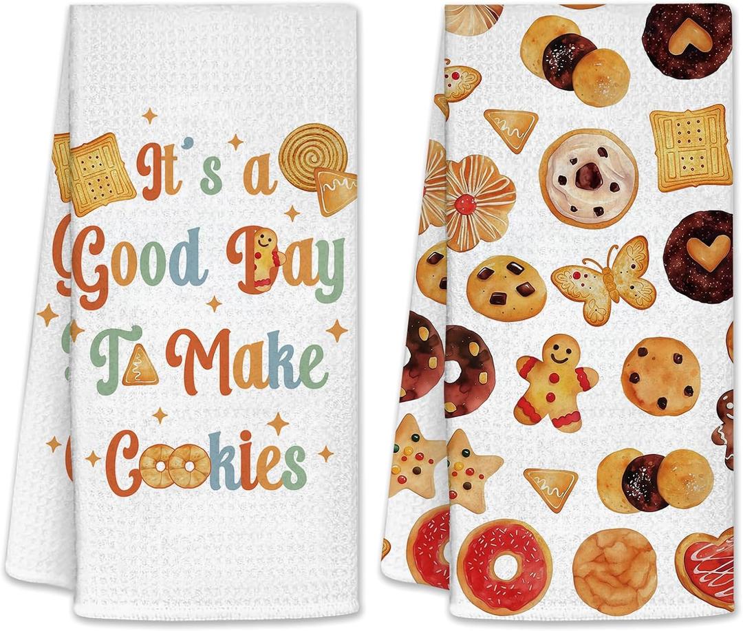 PIUFAM Funny Kitchen Towels, Cookies Hand Towels for Bathroom, Baking Gifts for Women, Baking Accessories, White Waffle Dish Towels for Birthday Christmas Thanksgiving Day 26x17 inch, 2 Pack