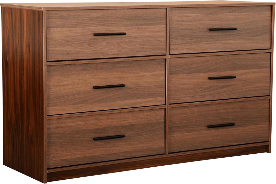 Modern 6-Drawer Dresser with Spacious Storage,Sturdy Wood Frame, and Large Capacity Drawers, Dressers for Bedroom, Home Organization Storage for Living Room or Hallway, Walnut