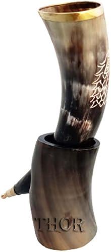 Viking Wolf Drinking Buffalo Horn Mugs - for Men and Women - Real Mugs - Viking Wolf Mug Cup for Mead & Beer Ale, White With Brown Color