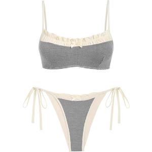 ZAFUL Bikini Sets for Women Plaid Ruffles Trim Swimsuit Sexy Tie Back Bowknot Triangle High Cut Tie Side Thong Bathing Suit (Beige, S)