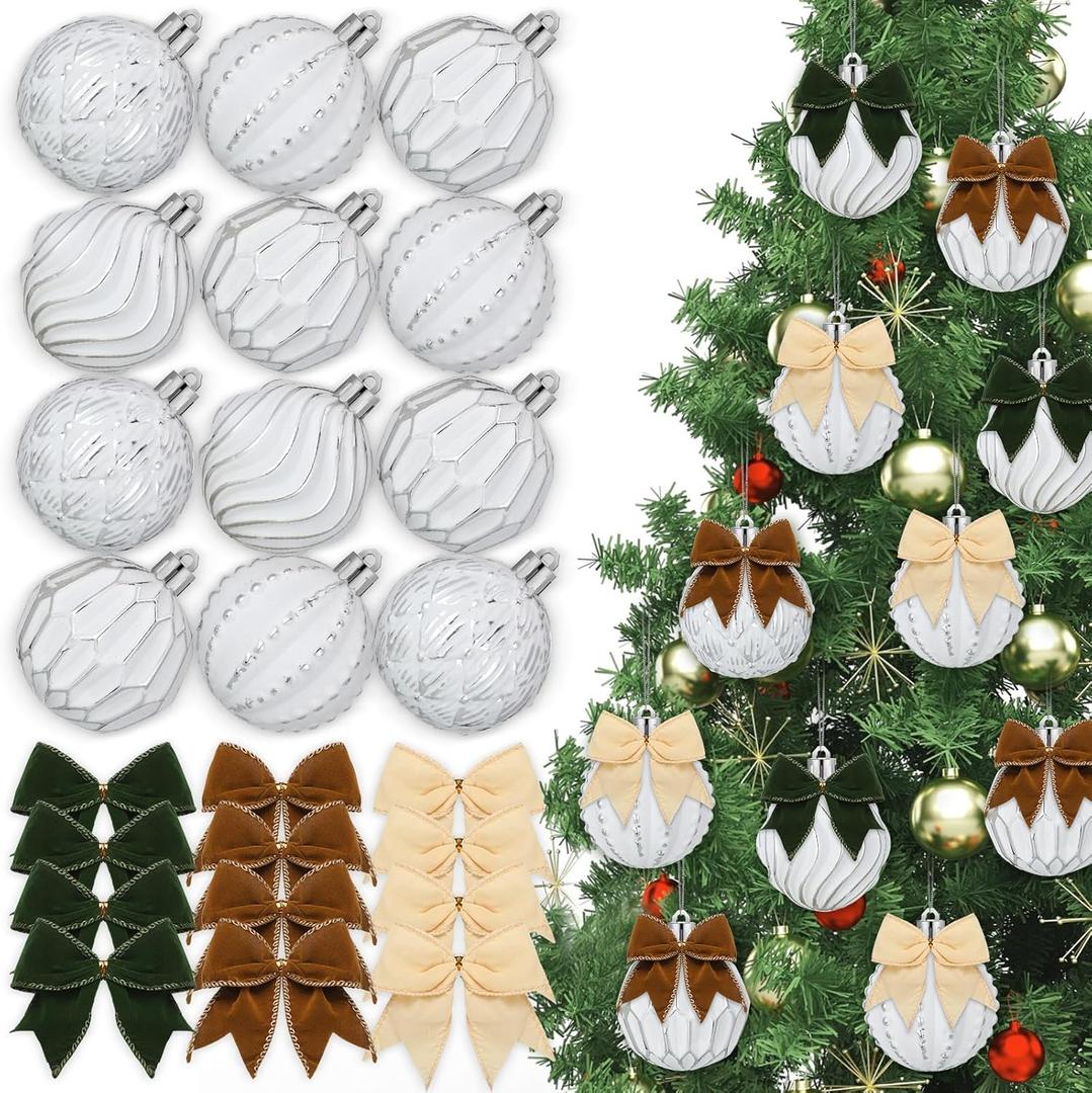 32 Pcs 2.36" Silver and White Christmas Ball Ornaments Set Mini Velvet Bow Vintage Rustic Shatterproof Xmas Hanging Ornaments for Xmas Tree Holiday Party Decor