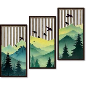 Putuo Decor Forest Mountain Wall Art Set of 3, Nature-Inspired MDF Cut-Out Panels with Bird and Tree Silhouettes, Rustic Wall Decor for Living Room Bedroom Cabin Office