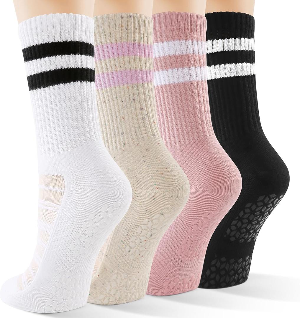 CS CELERSPORT Pilates Socks for Women, 4 Pairs Yoga Crew Non Slip Grip Socks for Barre Hospital Gym (S)