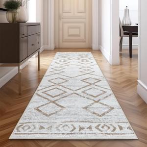 jinchan Hallway Runner Rug 3x8 - Moroccan Kitchen Machine Washable Runner Rug Modern Geometric Soft Faux Wool Ultra-Thin Low-Pile Non-Slip Carpet for Laundry Room Bedroom Farmhouse (3x8ft,Taupe)