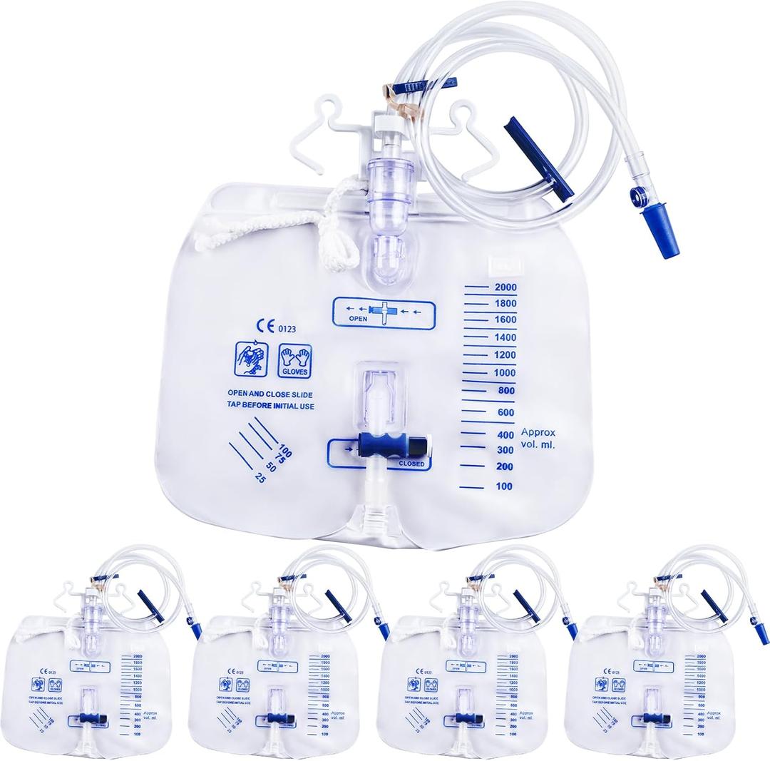 5 Pack 2000ml Urine Drainage Bag with 48" Tube, Leak Proof Anti Reflux with Cross-Shaped Drainage Valve and Dual Hook for Easy Hanging