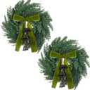 Chuangdi 2 Pcs Small Norfolk Wreath with Cypress Cow Bells and Velvet Ribbon Bow 11.8 Christmas Kitchen Cabinet Mini Wreaths Faux Pine Greenery Winter Wreath for Xmas Table Cabinets Kitchen Windows