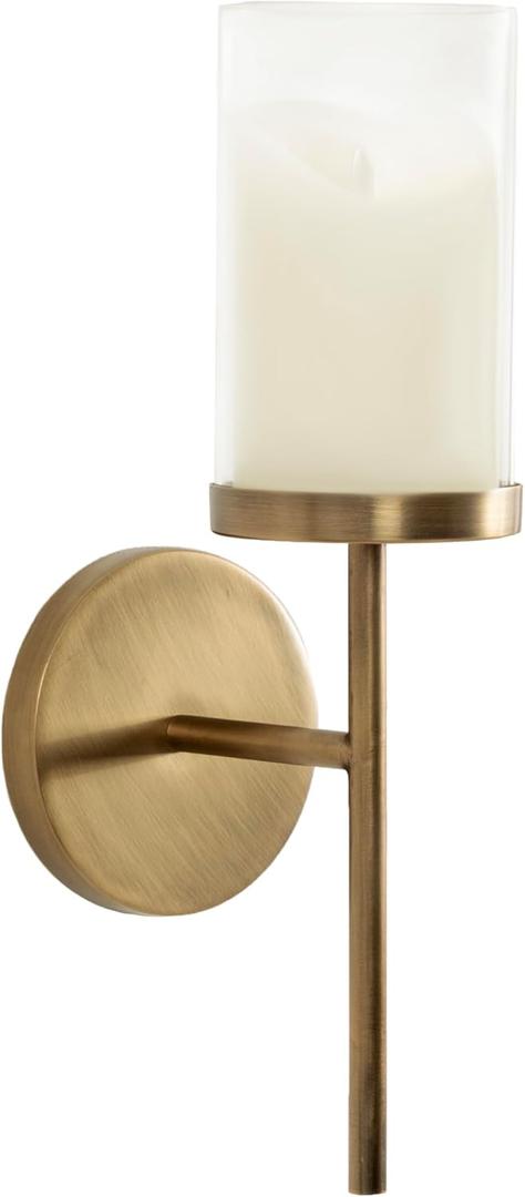 Kate and Laurel Blaise Transitional Metal Wall Sconce; 5 x 6 x 14; Antique Brass; Modern Round Candle Holder with Removable Glass Cylinder for Flameless Candles