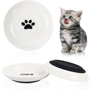 3-Pack Ceramic Cat Food Bowls, Wide Shallow Dish & Anti-Whisker Fatigue, Nonslip Silicone Base for Indoor Cats & Kittens, for Wet/Dry Food & Water