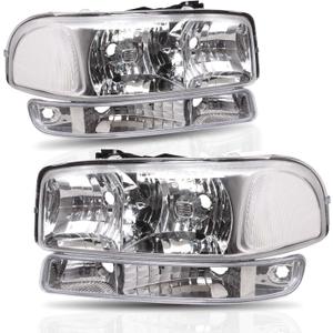 Headlight Assembly Compatible with 1999 2000 2001 2002 2003 2004 2005 2006 GMC Sierra 1500, for 2000-2006 GMC Yukon, Chrome Housing Clear Side, Driver and Passenger Side faros delanteros