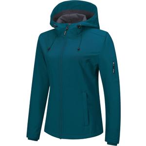 Outdoor Ventures Women's Softshell Jacket with Hood Fleece Lined Warm Lightweight Waterproof Insulated Windbreaker (Blue, XL)