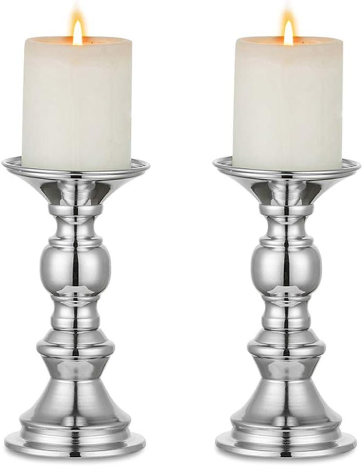Nuptio Silver Pillar Candle Holders, Wedding Centerpieces Metal Candle Holder for 50mm Candles Stand Decoration Ideal for Weddings Special Events Parties Living Room, 2 Pcs