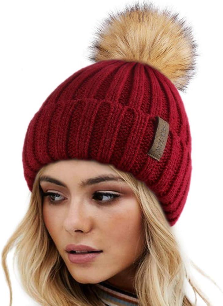 FURTALK Womens Winter Knitted Beanie Hat with Faux Fur Pom Warm Knit Skull Cap Beanie for Women (Wine Red)