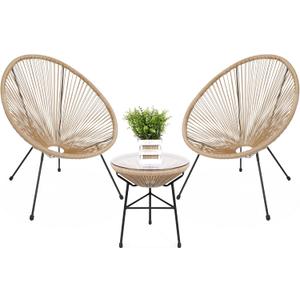 Best Choice Products 3-Piece Outdoor Acapulco All-Weather Patio Conversation Bistro Set w/Plastic Rope, Glass Top Table and 2 Chairs - Natural