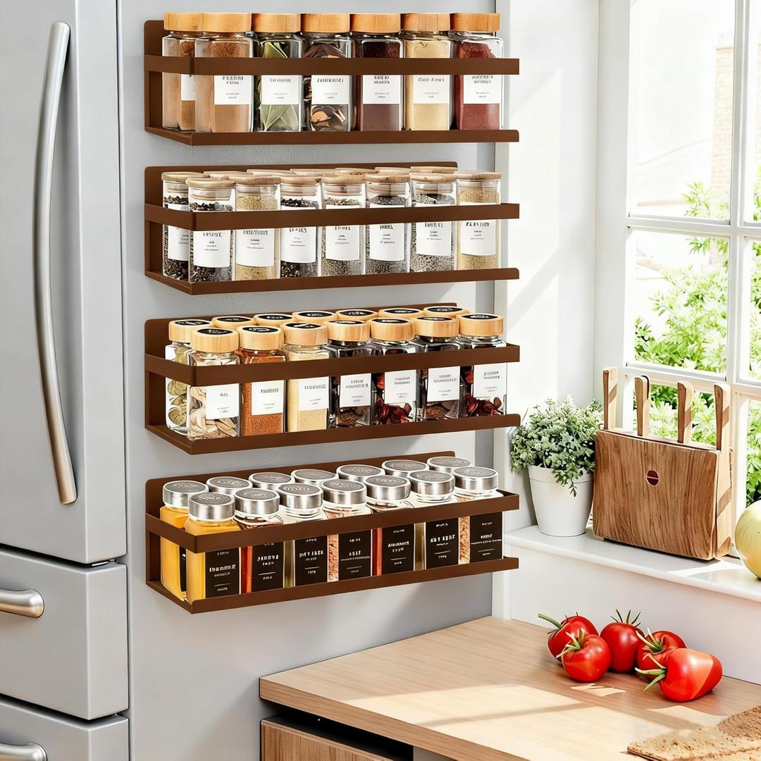 SMRCAD Magnetic Spice Rack for Refrigerator, 4pack Magnetic Shelf for Fridge Space Saving Seasoning Organizer for Any Metal Surface No Drilling Needed (Bronze -Cut Out, 4Pack)