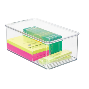 mDesign Plastic Stackable Box Home, Office Supplies Storage Organizer Box with Attached Lid - Holder Container for Note Pads, Gel Pens, Staples, Dry Erase Markers, Tape - 6.5 Inches High - Clear