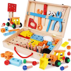 Wooden Kids Tool Set,Tool Kit for Kid with Wooden Tool Box,Educational DIY Construction STEM Toy,Preschool Learning Toy Gifts for Toddlers Boys Girls Age 3 4 5 and Up (47 Pieces)