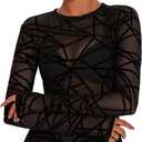 AKEWEI Womens Mesh Long Sleeve Tops Crew Neck Sexy See Through Tee Shirts Party Club Night Lace Blouse (Medium, Black Line)