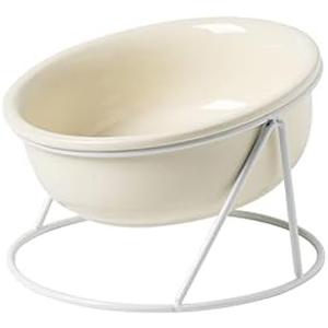 DEDEMCO Ceramic Cat Dog Elevated Food Bowl with Iron Stand, 300ml Tilted Cat Dog Water Bowl, Raised Pet Food Water Dish for Cats Dogs Whisker Friendly, White