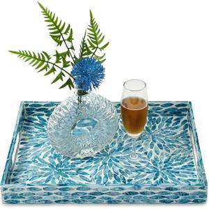 CLAYNIX Serving Tray 15.7" X11.8", Lacquer Mother of Pearl Inlay Mosaic Tray, Rectangle Wooden Marble Tray with Handles Trays for Tea, Breakfast in Bed, Table (Flower Style)