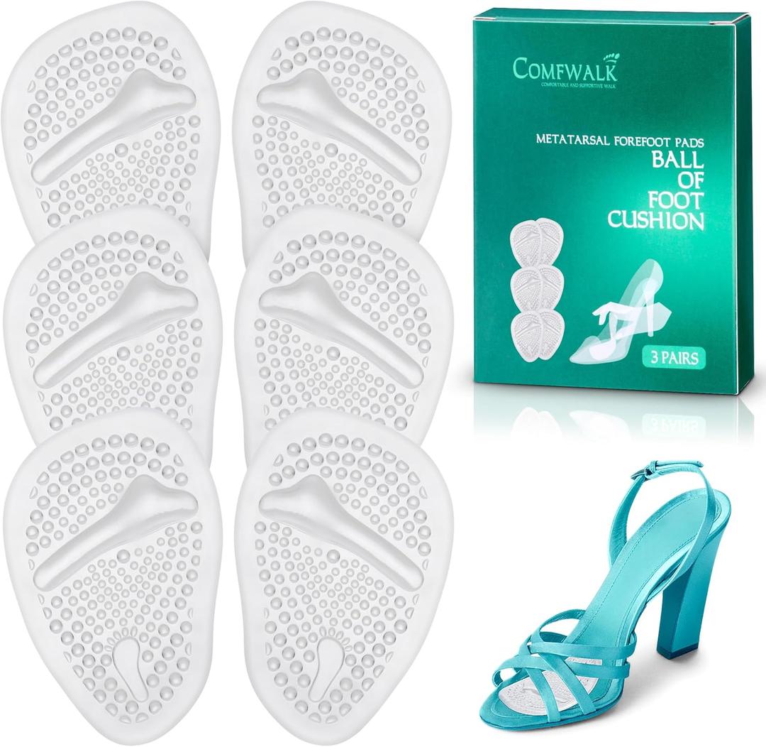 Metatarsal Pads 3 Pairs - Ball of Foot Cushion - Soft Cushion Design - Shock Absorbing - Anti-Slip Strong Adhesive - High Heel Pain Relief - (Clear)