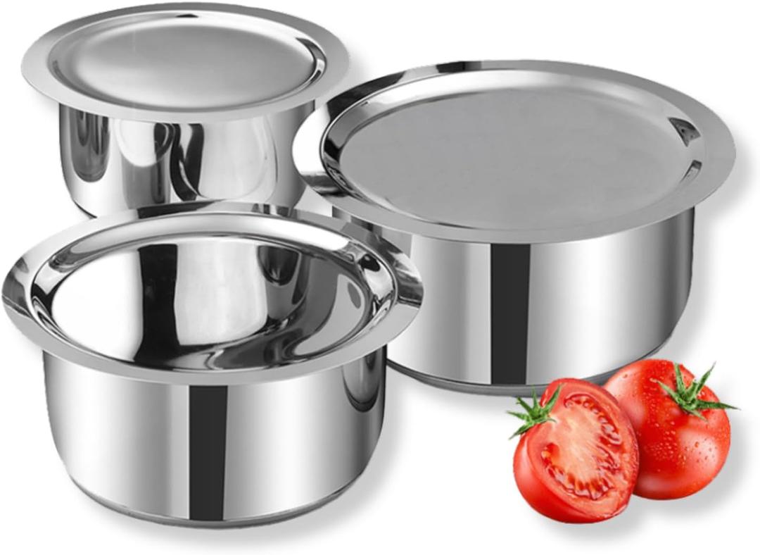 Vinod Stainless Steel 3 pc Pot Set with Capacity of 1.4 litres, 1.8 litres & 2.2 litres with Stainless Steel Lids (Gas Stove and Induction Friendly) - Silver