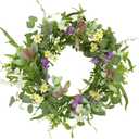 YNYLCHMX 18" Spring Summer Wreaths for Front Door, Artificial Floral Wreath with Multi-Colored Flower & Green Eucalyptus Leaves, Green Foliage Wreath for Wall Window Farmhouse Party Holiday Home Decor
